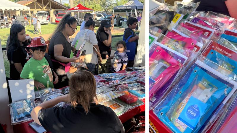 Families line up at South El Monte’s National Night Out to receive clear plastic school supply kits, with a close-up showing folders, crayons, and notebooks labeled “Senator Susan Rubio. District 22”