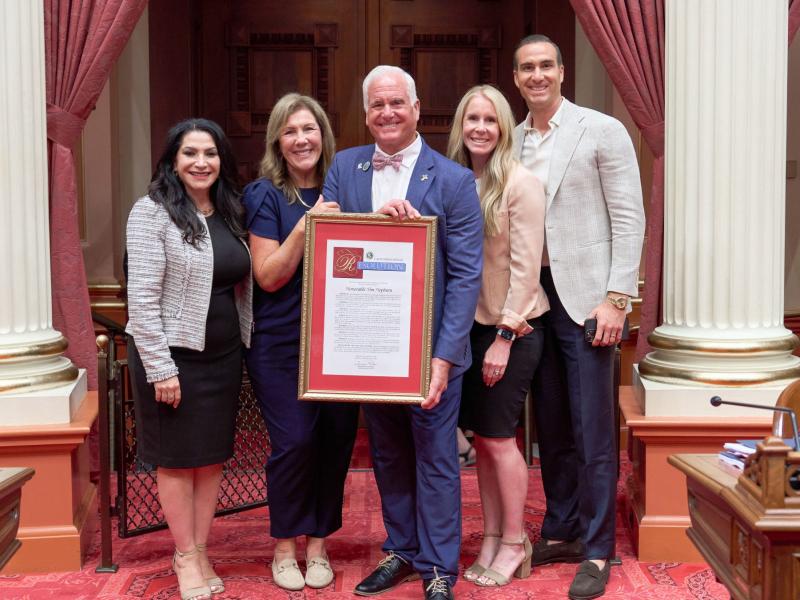La Verne Mayor Tim Hepburn receives a Senate resolution on Monday from Senator Susan Rubio (D-Baldwin Park) recognizing his leadership of the San Gabriel Valley Council of Governments.